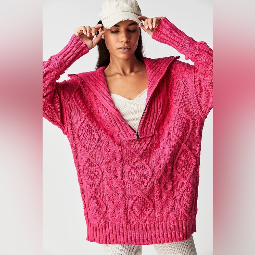 NWT Free People Driftwood Cable Polo Pink Large Oversized Cable Knit Quarter Zip
